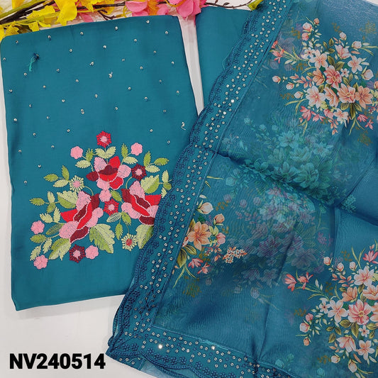 CODE NV240514 : Dark teal blue fancy silk cotton unstitched salwar material, rich embroidered & sequins work on yoke(silky fabric, lining needed)matching fancy silk bottom, floral printed fancy organza dupatta with scallop edges.