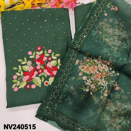 CODE NV240515 : Dark green fancy silk cotton unstitched salwar material, rich embroidered & sequins work on yoke(silky fabric, lining needed)matching fancy silk bottom, floral printed fancy organza dupatta with scallop edges.