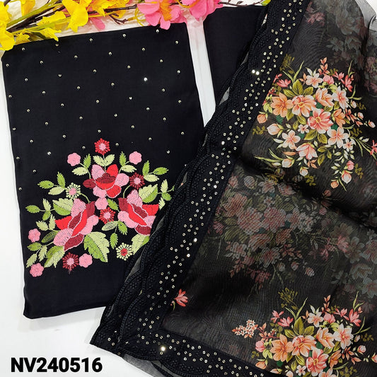 CODE NV240516 : Black fancy silk cotton unstitched salwar material, rich embroidered & sequins work on yoke(silky fabric, lining needed)matching fancy silk bottom, floral printed fancy organza dupatta with scallop edges.