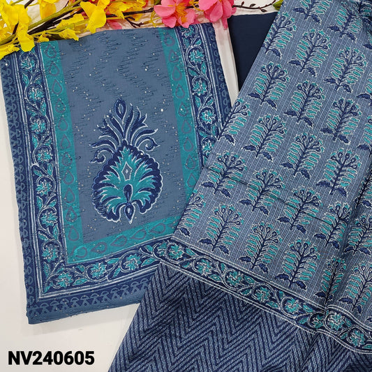 CODE NV240605 : Bluish grey block printed fancy soft silk cotton unstitched salwar material, self embroidered& sequins work all over(thin fabric, lining needed)dark blue silky bottom, block printed fancy kota dupatta(REQUIRES TAPINGS).