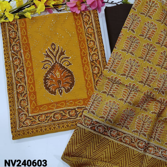 CODE NV240603 : Bright mehandhi yellow block printed fancy soft silk cotton unstitched salwar material, self embroidered& sequins work all over(thin fabric, lining needed)coffee brown silky bottom, block printed fancy kota dupatta(REQUIRES TAPINGS).