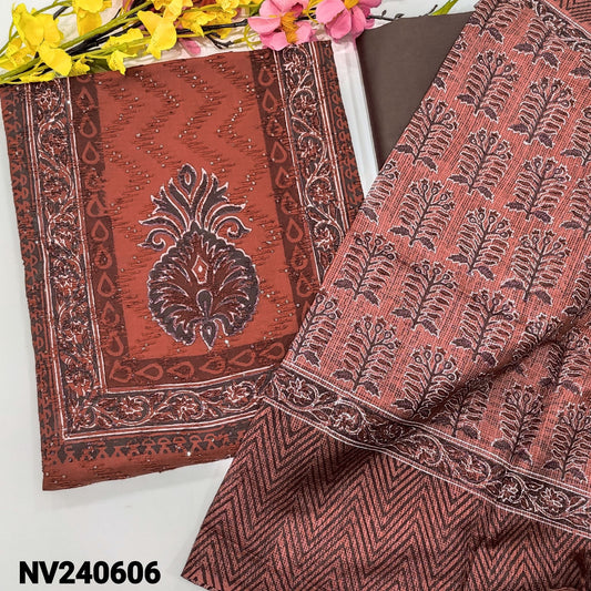 CODE NV240606 : Brick red block printed fancy soft silk cotton unstitched salwar material, self embroidered& sequins work all over(thin fabric, lining needed)dark maroon silky bottom, block printed fancy kota dupatta(REQUIRES TAPINGS).