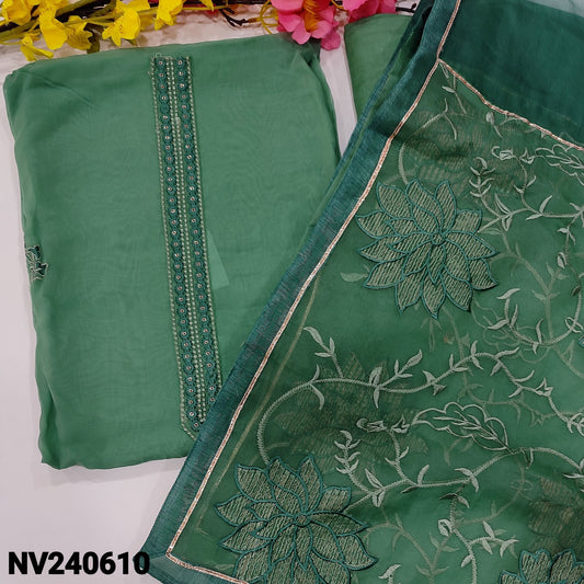 CODE NV240610 : Light greenish blue designer pure organza unstitched salwar material, thread& sequins on yoke, embroidered& cut work on front(thin fabric, lining needed)matching santoon bottom, embroidered dual shaded fancy organza dupatta.