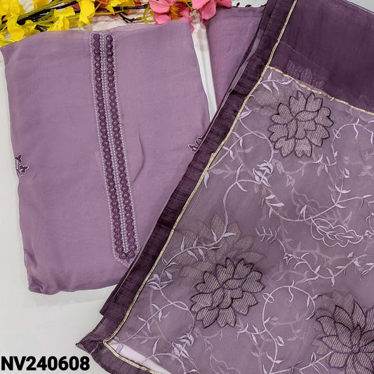 CODE NV240608 : Light purple designer pure organza unstitched salwar material, thread& sequins on yoke, embroidered& cut work on front(thin fabric, lining needed)matching santoon bottom, embroidered dual shaded fancy organza dupatta.