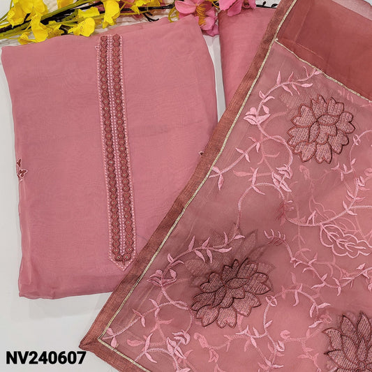 CODE NV240607 : Pastel pink designer pure organza unstitched salwar material, thread& sequins on yoke, embroidered& cut work on front(thin fabric, lining needed)matching santoon bottom, embroidered dual shaded fancy organza dupatta.