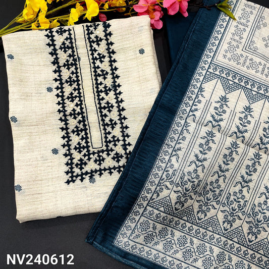 CODE NV240612 : Half white base jute silk unstitched salwar material, thread embroidered &real mirror work on yoke, floral printed all over(thin fabric, lining needed)dark blue santoon bottom, printed jute silk dupatta.