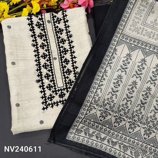 CODE NV240611 : Half white base jute silk unstitched salwar material, thread embroidered &real mirror work on yoke, floral printed all over(thin fabric, lining needed)black santoon bottom, printed jute silk dupatta.