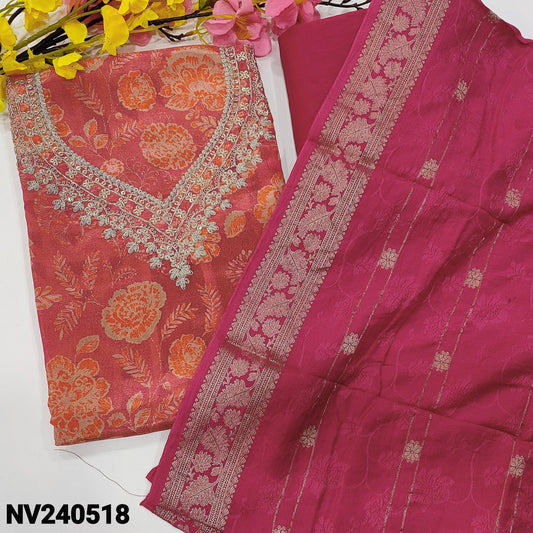 CODE NV240518 : Pink with golden tint designer printed pure tissue organza silk unstitched salwar material, zari& sequins work on yoke(thin fabric, lining needed)matching silky bottom, soft jakard silk cotton dupatta with zari woven buttas& borders.