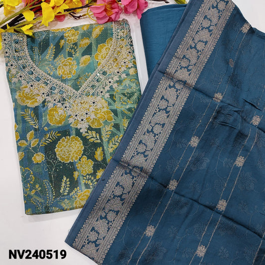 CODE NV240519 : Blue with golden tint designer printed pure tissue organza silk unstitched salwar material, zari& sequins work on yoke(thin fabric, lining needed)matching silky bottom, soft jakard silk cotton dupatta with zari woven buttas& borders.