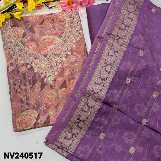 CODE NV240517 : Purple with golden tint designer printed pure tissue organza silk unstitched salwar material, zari& sequins work on yoke(thin fabric, lining needed)matching silky bottom, soft jakard silk cotton dupatta with zari woven buttas& borders.