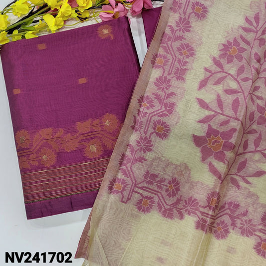 CODE NV241702 : Rani pink jamdani woven premium silk cotton unstitched salwar material, bead& faux mirror work on yoke(thin fabric, lining needed)matching cotton bottom, jamdani woven silk cotton dupatta with tassels.