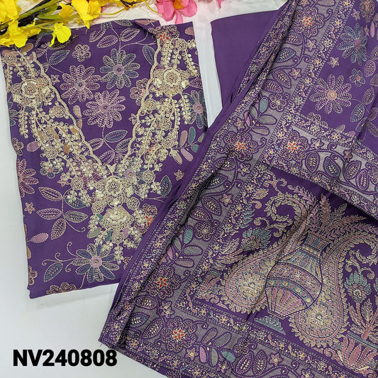 CODE NV240808 : Purple printed premium silk cotton unstitched salwar material, v neck with heavy zari& sequins work(lining needed)matching silk cotton bottom, digital printed soft silk cotton dupatta.