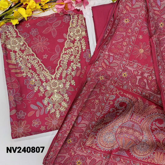 CODE NV240807 : Dark pink printed premium silk cotton unstitched salwar material, v neck with heavy zari& sequins work(lining needed)matching silk cotton bottom, digital printed soft silk cotton dupatta.