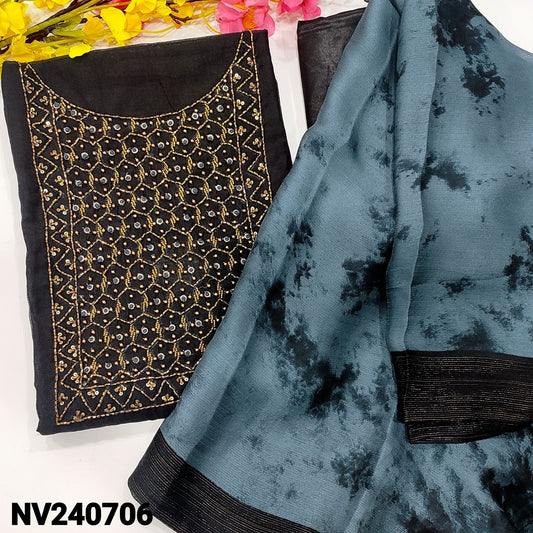 CODE NV240706 : Black fancy silk cotton unstitched salwar material, heavy bead work on yoke(lining needed)matching silky bottom, shibori dyed premium chiffon dupatta.