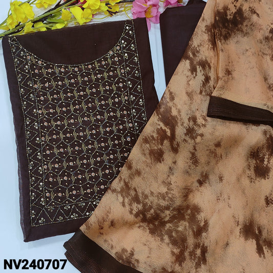 CODE NV240707 : Dark brown fancy silk cotton unstitched salwar material, heavy bead work on yoke(lining needed)matching silky bottom, shibori dyed premium chiffon dupatta.