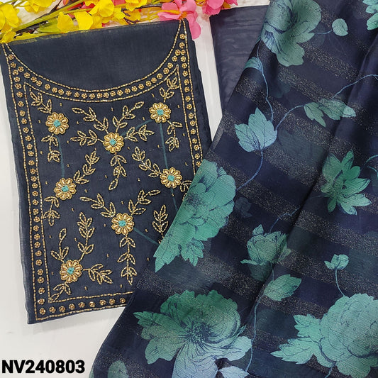 CODE NV240803 : Dark blue fancy silk cotton unstitched salwar material, heavy bead work on yoke(lining needed)matching silky bottom, shimmer brasso chiffon dupatta.