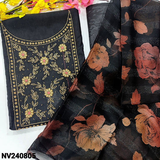 CODE NV240805 :Black fancy silk cotton unstitched salwar material, heavy bead work on yoke(lining needed)matching silky bottom, shimmer brasso chiffon dupatta.