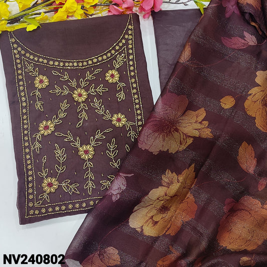 CODE NV240802 : Dark brown fancy silk cotton unstitched salwar material, heavy bead work on yoke(lining needed)matching silky bottom, shimmer brasso chiffon dupatta.