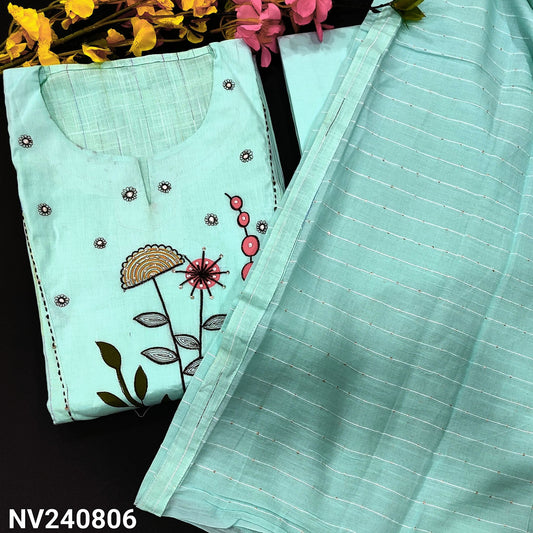 CODE NV240806 : Pastel blue premium slub cotton unstitched salwar material, brush paint& embroidered on yoke, thread woven design on front(lining needed)matching drum dyed cotton fabric provided for lining, NO BOTTOM, pure mul cotton dupatta with sequins.