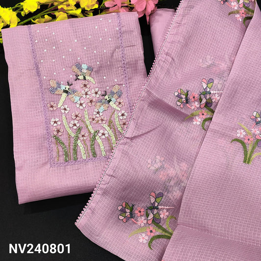 CODE NV240801 : Lavender kota cotton unstitched salwar material, heavy bead work on yoke(netted fabric, lining needed)matching spun cotton bottom, embroidered kota cotton dupatta with lace tapings.