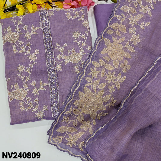 CODE NV240809 : Light purple with golden tint designer tissue linen unstitched salwar material, thread& sequins work n yoke &front(thin fabric, lining needed)matching santoon bottom, tissue linen dupatta with hand work& scallop edges.