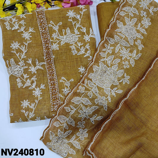 CODE NV240810 : Bright mehandhi yellow with golden tint designer tissue linen unstitched salwar material, thread& sequins work n yoke &front(thin fabric, lining needed)matching santoon bottom, tissue linen dupatta with hand work& scallop edges.