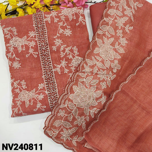 CODE NV240811 : Pink with golden tint designer tissue linen unstitched salwar material, thread& sequins work n yoke &front(thin fabric, lining needed)matching santoon bottom, tissue linen dupatta with hand work& scallop edges.