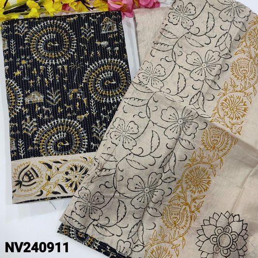 CODE NV240911 : Black warli printed kantha cotton unstitched salwar material(lining optional)bock printed daman, jute flex cotton bottom, block printed fancy soft silk cotton dupatta.