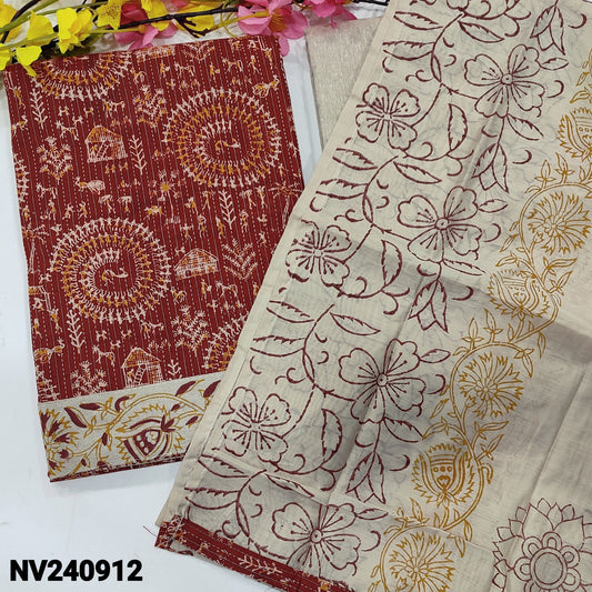 CODE NV240912 : Maroon warli printed kantha cotton unstitched salwar material(lining optional)bock printed daman, jute flex cotton bottom, block printed fancy soft silk cotton dupatta.