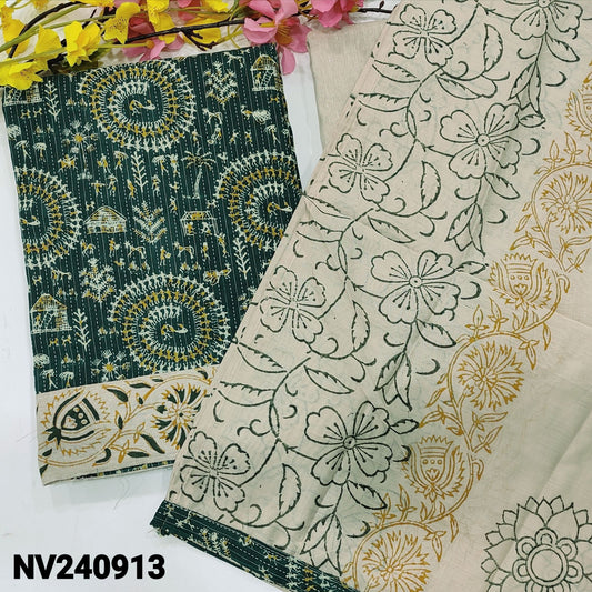 CODE NV240913 : Teal green warli printed kantha cotton unstitched salwar material(lining optional)bock printed daman, jute flex cotton bottom, block printed fancy soft silk cotton dupatta.