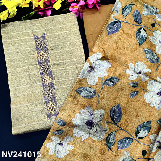 CODE NV241015 : Beige sobar printed semi gicha unstitched salwar material, embroidered& real mirror work on yoke, self weaving design all over(lining needed)yellowish beige santoon bottom, floral printed semi gicha dupatta with gold tissue borders.