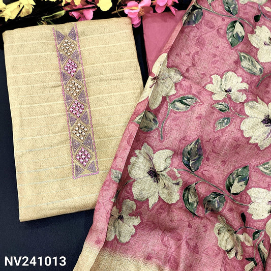 CODE NV241013 : Beige sobar printed semi gicha unstitched salwar material, embroidered& real mirror work on yoke, self weaving design all over(lining needed)pink santoon bottom, floral printed semi gicha dupatta with gold tissue borders.