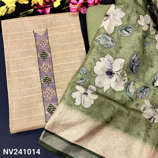 CODE NV241014 : Beige sobar printed semi gicha unstitched salwar material, embroidered& real mirror work on yoke, self weaving design all over(lining needed)green santoon bottom, floral printed semi gicha dupatta with gold tissue borders.