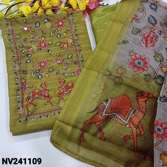 CODE NV241109 : Mossy green digital printed semi gicha textured silk cotton unstitched salwar material, zari buttas all over(thin fabric, lining needed)matching silky bottom, digital printed silk cotton dupatta.