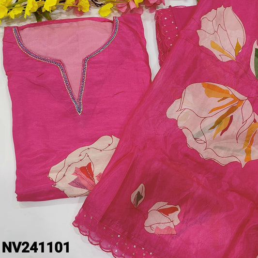 CODE NV241101 : Bright pink designer printed russian silk unstitched salwar material, bead work on yoke(thin fabric, lining needed)matching santoon bottom, printed premium organza silk dupatta with scallop edges.