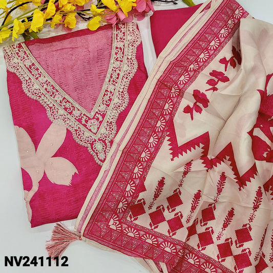 CODE NV241112 : Bright pink designer printed russian silk unstitched salwar material, v neck with thread& sequins work(shiny fabric, lining needed)matching santoon bottom, printed russian silk short width dupatta.