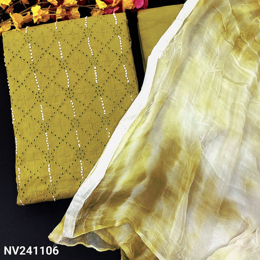 CODE NV241106 : Mehandhi yellow schiffli embroidered cotton unstitched salwar material, thread work on yoke(lining needed)matching lining provided, NO BOTTOM, shibori dyed pure chiffon dupatta.