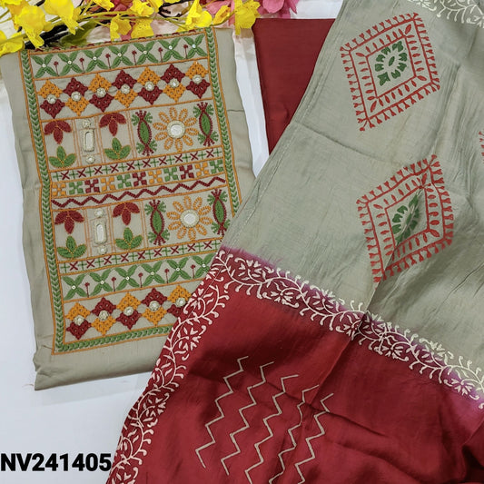 CODE NV241405 : Grey satin cotton unstitched salwar material, heavy embroidered& real mirror work on yoke(lining optional)maroon cotton bottom, dual shaded block printed fancy silk cotton dupatta.