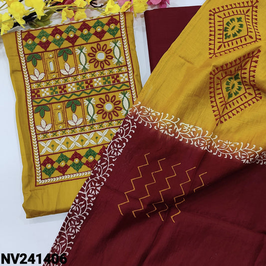 CODE NV241406 : Bright mehandhi yellow satin cotton unstitched salwar material, heavy embroidered& real mirror work on yoke(lining optional)maroon cotton bottom, dual shaded block printed fancy silk cotton dupatta.