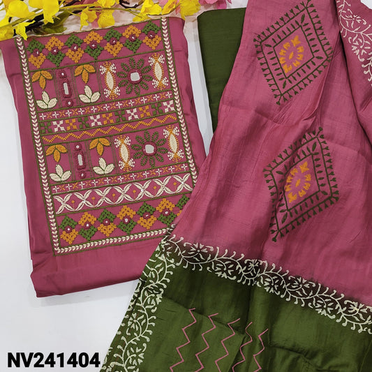 CODE NV241404 : Pink satin cotton unstitched salwar material, heavy embroidered& real mirror work on yoke(lining optional)olive green cotton bottom, dual shaded block printed fancy silk cotton dupatta.