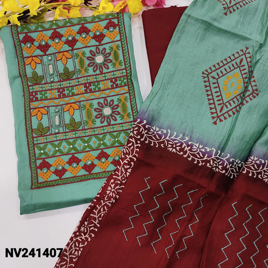 CODE NV241407 : Pastel blue satin cotton unstitched salwar material, heavy embroidered& real mirror work on yoke(lining optional)maroon cotton bottom, dual shaded block printed fancy silk cotton dupatta.