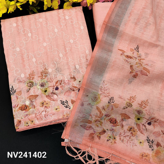 CODE NV241402 : Pastel pink semi linen unstitched salwar material, self embroidered on front(thin fabric, lining needed)matching silky bottom, printed semi linen full length dupatta with tissue border& fancy tassels.