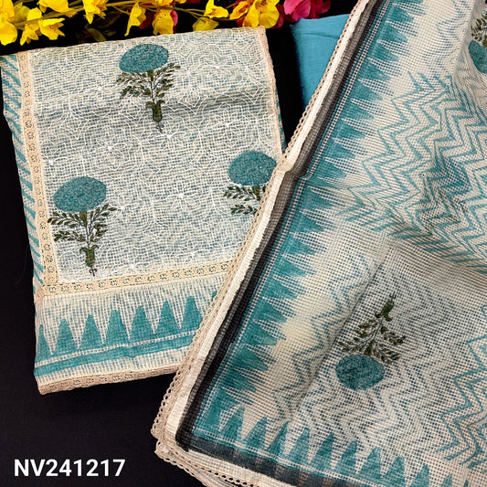 CODE NV241217 : Half white base self embroidered &block printed fancy super net unstitched salwar material, panel pattern on front(netted fabric, lining needed)blue silk cotton bottom, block printed fancy super net dupatta with lace tapings.