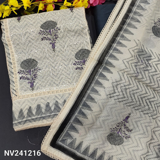 CODE NV241216 : Half white base self embroidered &block printed fancy super net unstitched salwar material, panel pattern on front(netted fabric, lining needed)grey silk cotton bottom, block printed fancy super net dupatta with lace tapings.