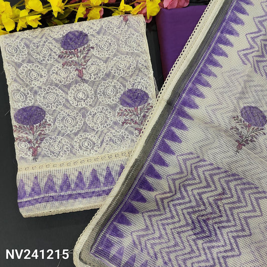 CODE NV241215 : Half white base self embroidered &block printed fancy super net unstitched salwar material, panel pattern on front(netted fabric, lining needed)purple silk cotton bottom, block printed fancy super net dupatta with lace tapings.