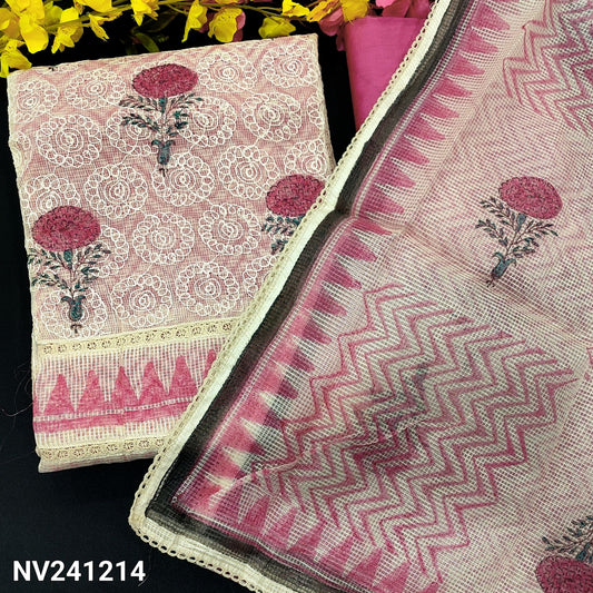 CODE NV241214 : Half white base self embroidered& block printed fancy super net unstitched salwar material, panel pattern on front(netted fabric, lining needed)pink silk cotton bottom, block printed fancy super net dupatta with lace tapings.