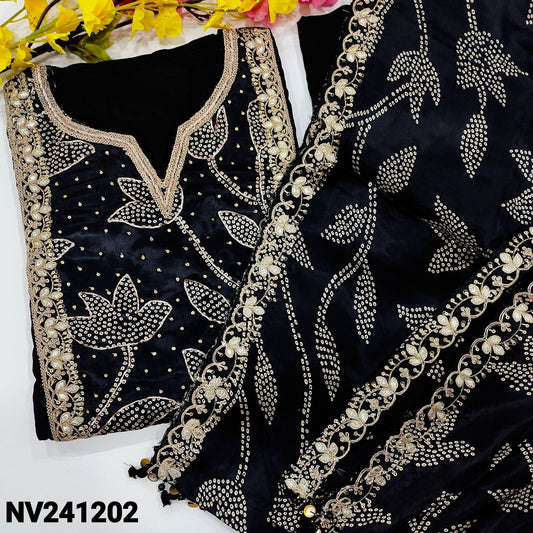 CODE NV241202 : Black designer pure dola silk unstitched salwar material, gajji silk yoke patch with heavy work(shiny fabric, lining needed)matching santoon bottom, printed pure gajji silk dupatta with scallop edges.