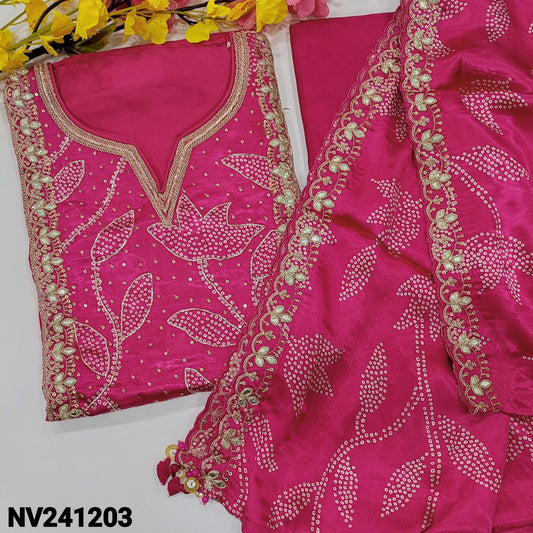 CODE NV241203 : Bright pink designer pure dola silk unstitched salwar material, gajji silk yoke patch with heavy work(shiny fabric, lining needed)matching santoon bottom, printed pure gajji silk dupatta with scallop edges.