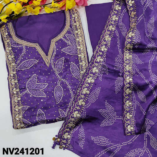 CODE NV241201 : Dark purple designer pure dola silk unstitched salwar material, gajji silk yoke patch with heavy work(shiny fabric, lining needed)matching santoon bottom, printed pure gajji silk dupatta with scallop edges.