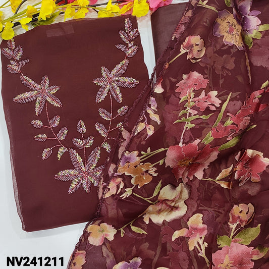 CODE NV241211 : Dark maroon semi georgette unstitched salwar material, bead work on yoke(thin fabric, lining needed)matching silky fabric provided for both bottom& lining, brasso chiffon full length dupatta.